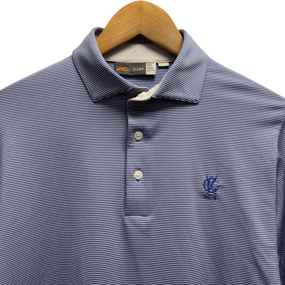 KJUS Men's Sz 50/Medium Blue Striped Comfort Fit UPF 50+ Club Logo L/S Golf Polo